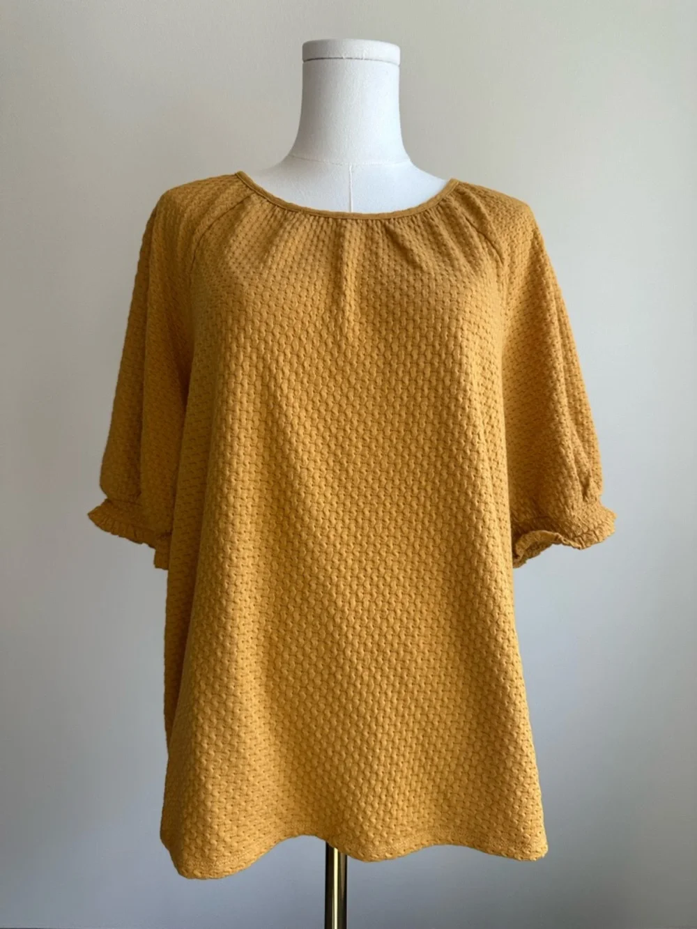 LOFT Mustard Textured Puff-Sleeve Tunic Half-Sleeve Shirt | SIZE XL - Picture 2 of 9